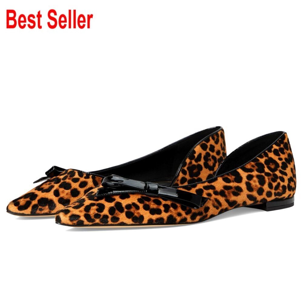 Pointed Toe Ballet Flats with Bow Detail, Leather Lined, 12mm Heel